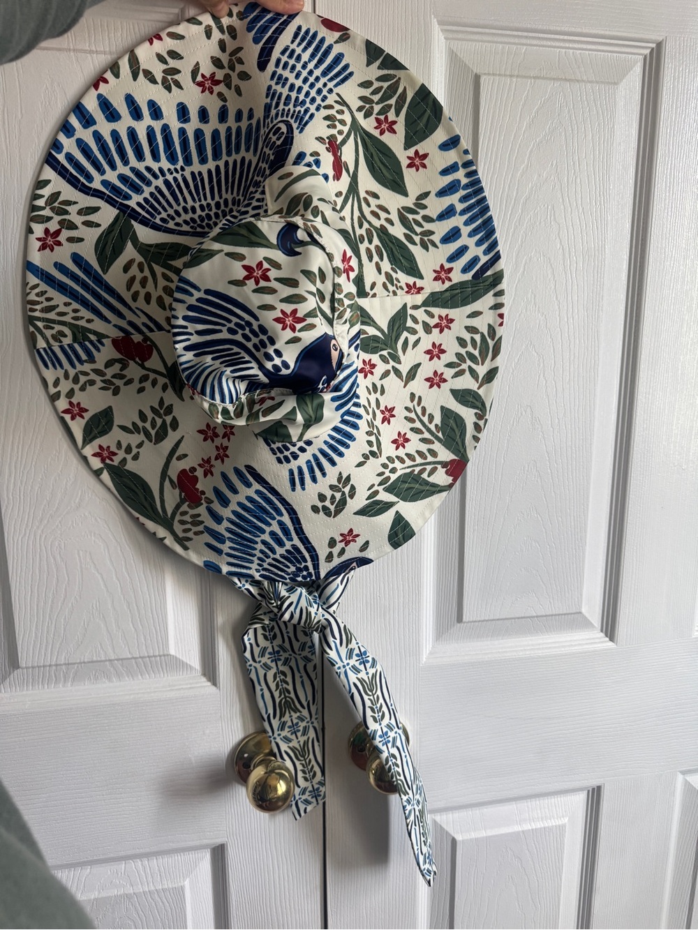 FARM Rio Cream Wide-Brim Floral Sun Hat with Blue Bird Motif